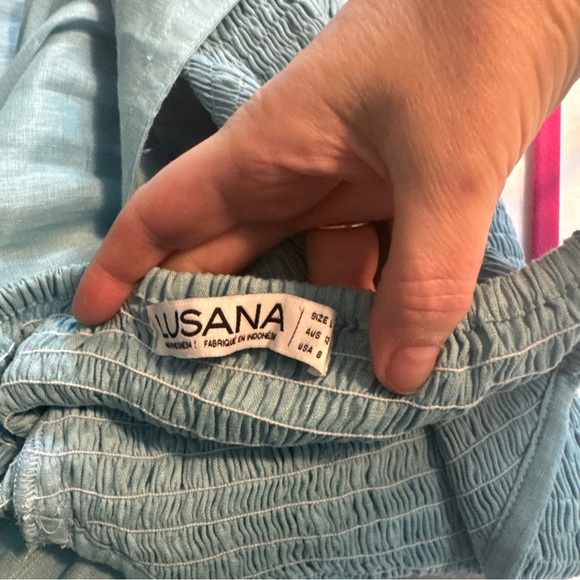 NWOT Lusana light blue linen dress midi ruched belted lined women’s size 8 - Picture 5 of 7